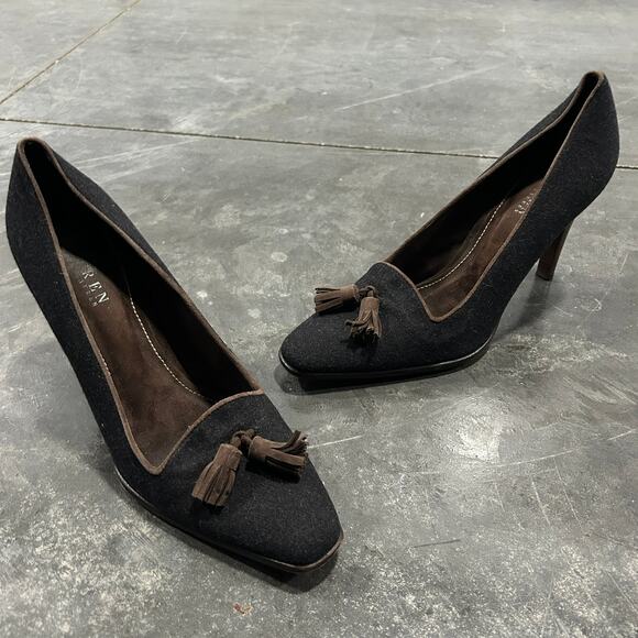 Ralph Lauren Caryl Gray Wool Flannel Pumps with Brown Suede Trim & Tassels Sz 10 - Picture 2 of 11